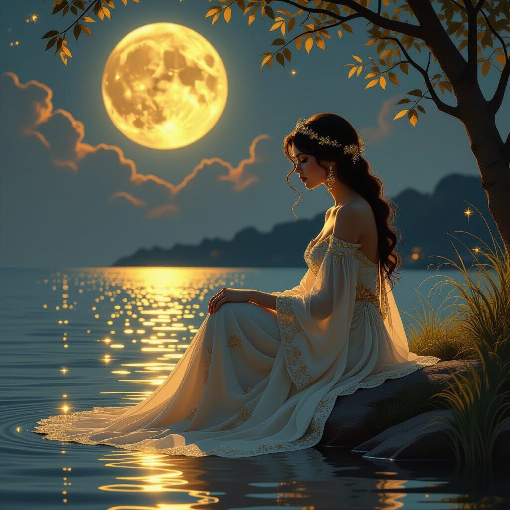 Ethereal Woman in Golden Gown by Moonlit Water