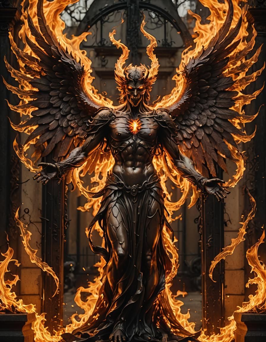 Fiery Demonic Angel in Hellish Landscape
