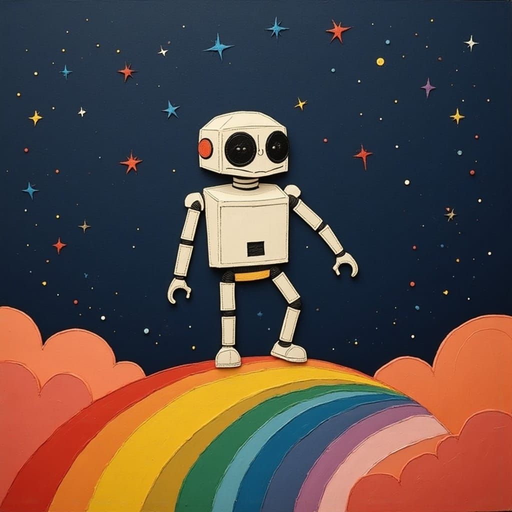 Cute Robot Silhouette Standing on Rainbow