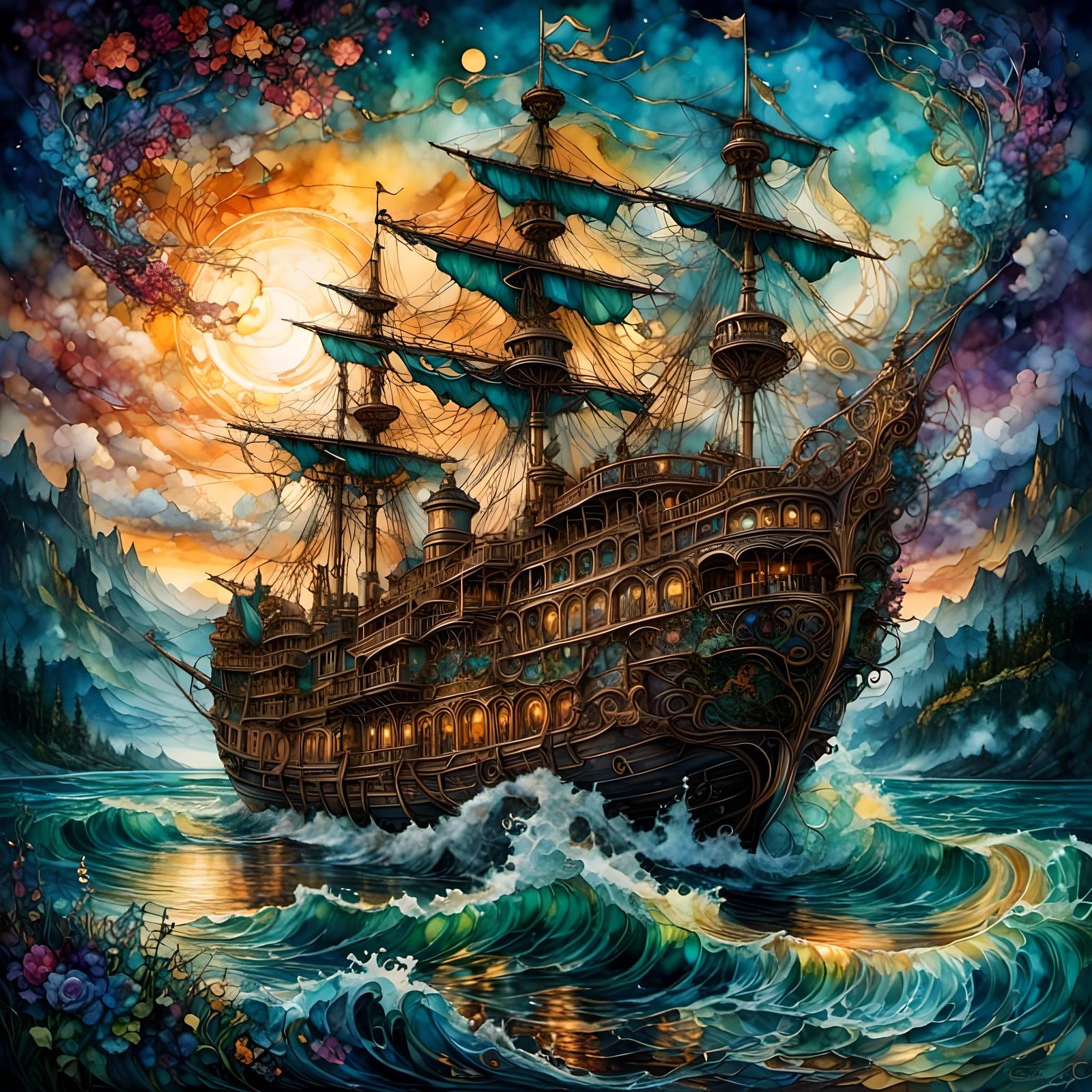 Fantasy Riverboat Sunset with Alcohol Ink Flowers