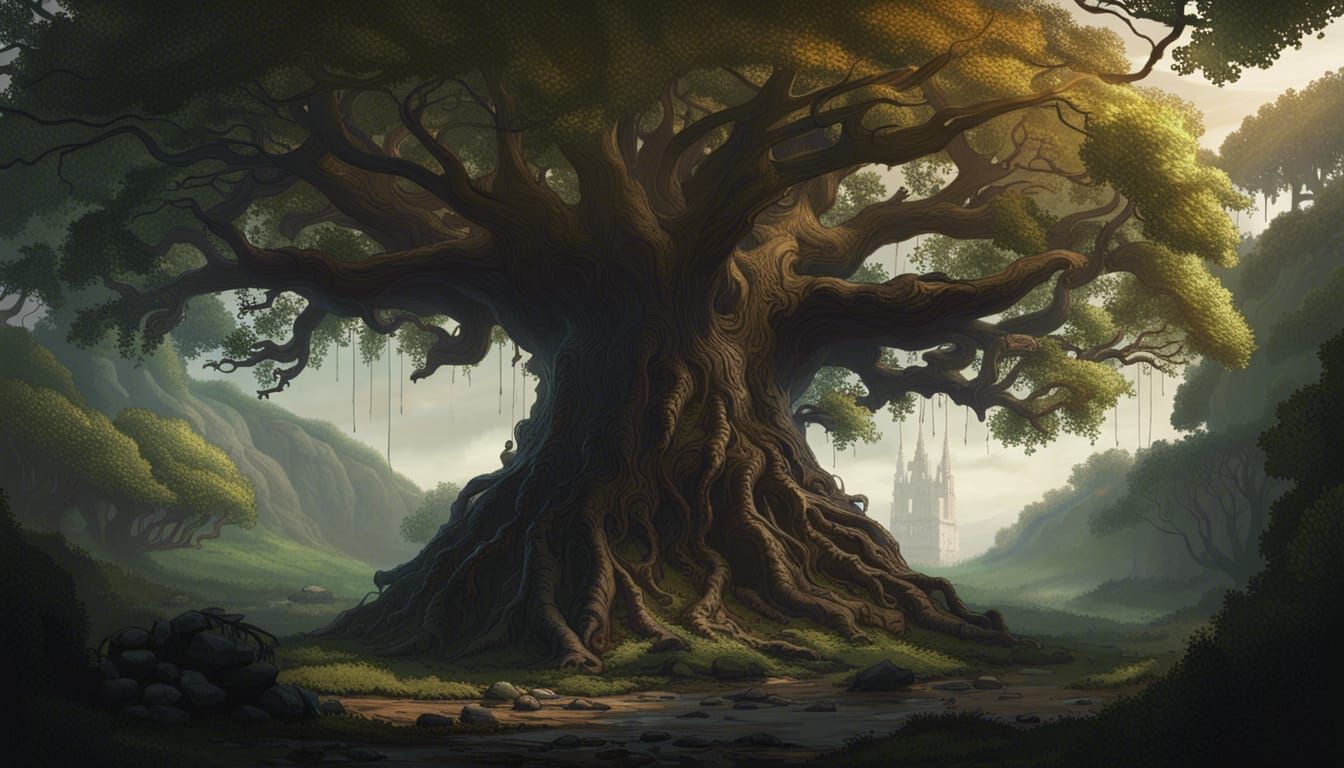 Majestic Oak Tree in Dark Fantasy Landscape