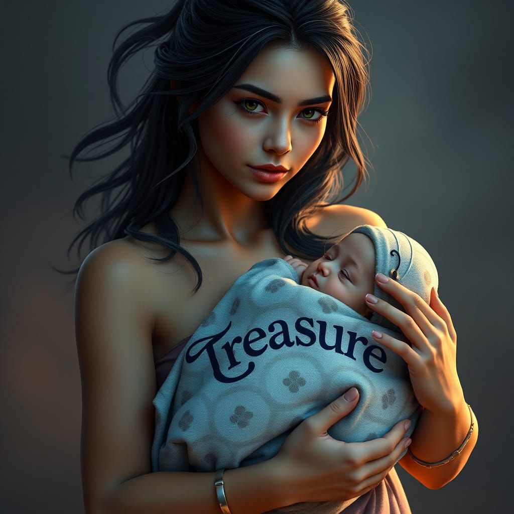 Hyperrealistic Young Mother Holding Treasure Baby