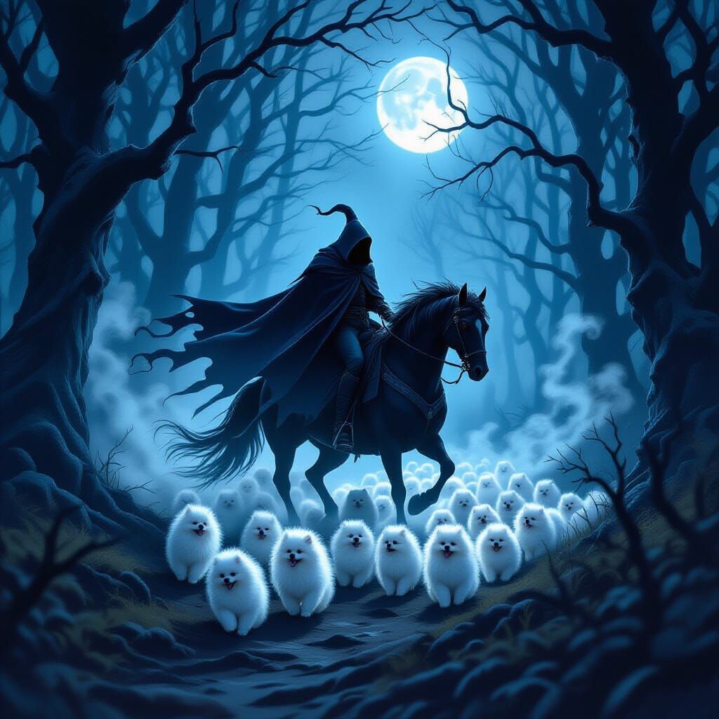 Headless Horseman with Pomeranians in Spooky Forest