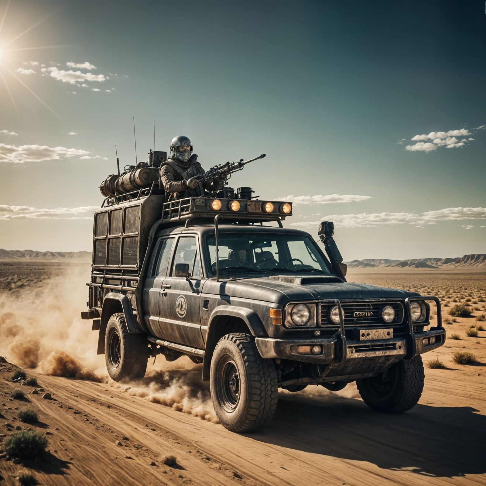 Post-Apocalyptic Cyborg Drives Solar Cruiser in Wasteland