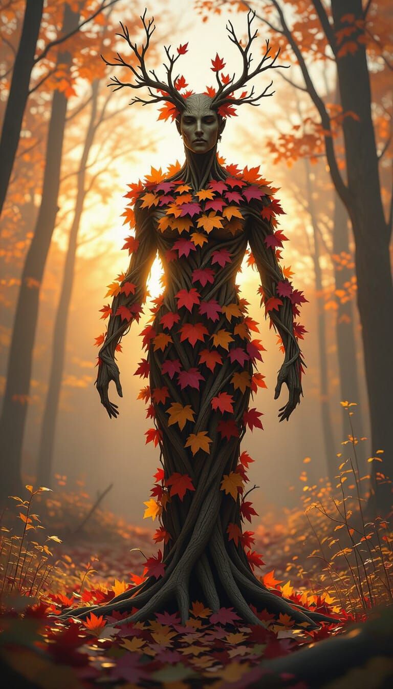 Human Autumn Tree Figure in Forest Clearing