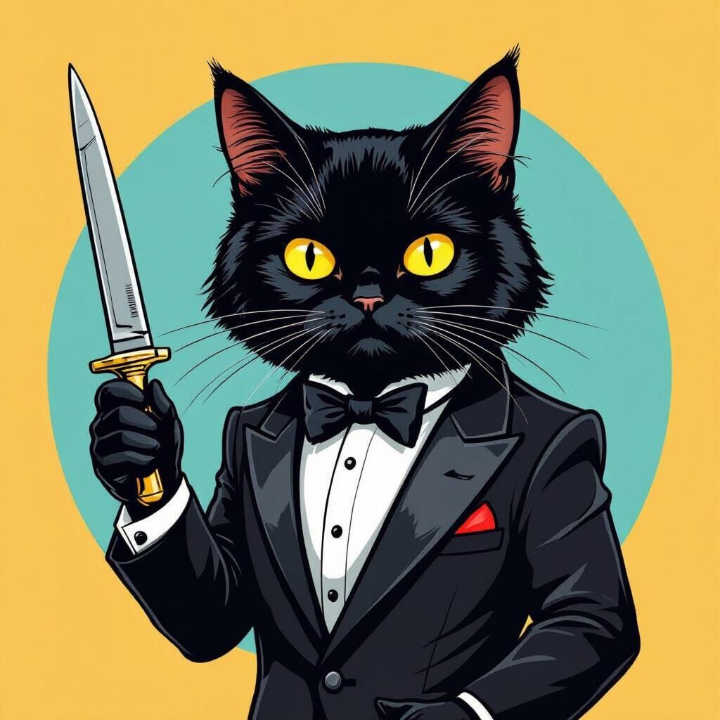 Cartoon Secret Agent Cat with Razor, 1960s Spy Style
