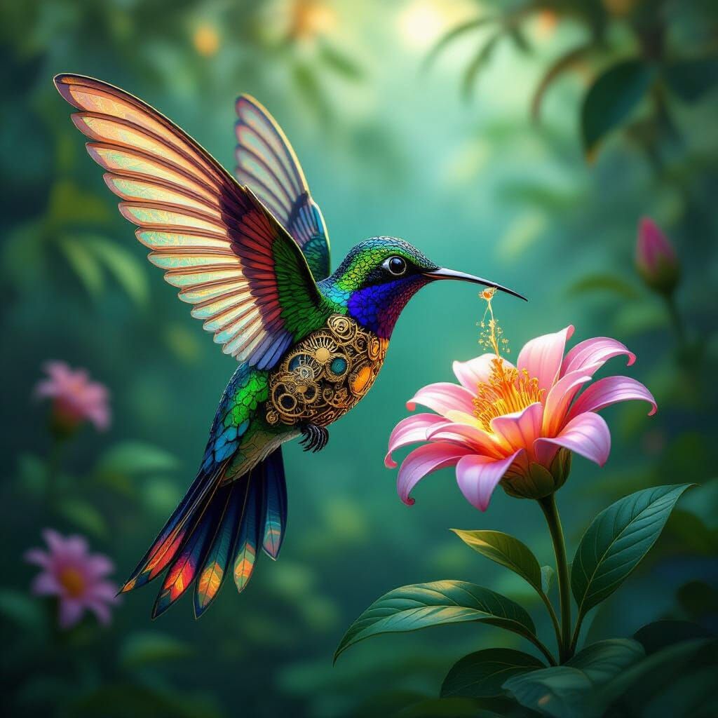 Clockwork Hummingbird in Jungle Valley, Art Nouveau Style
