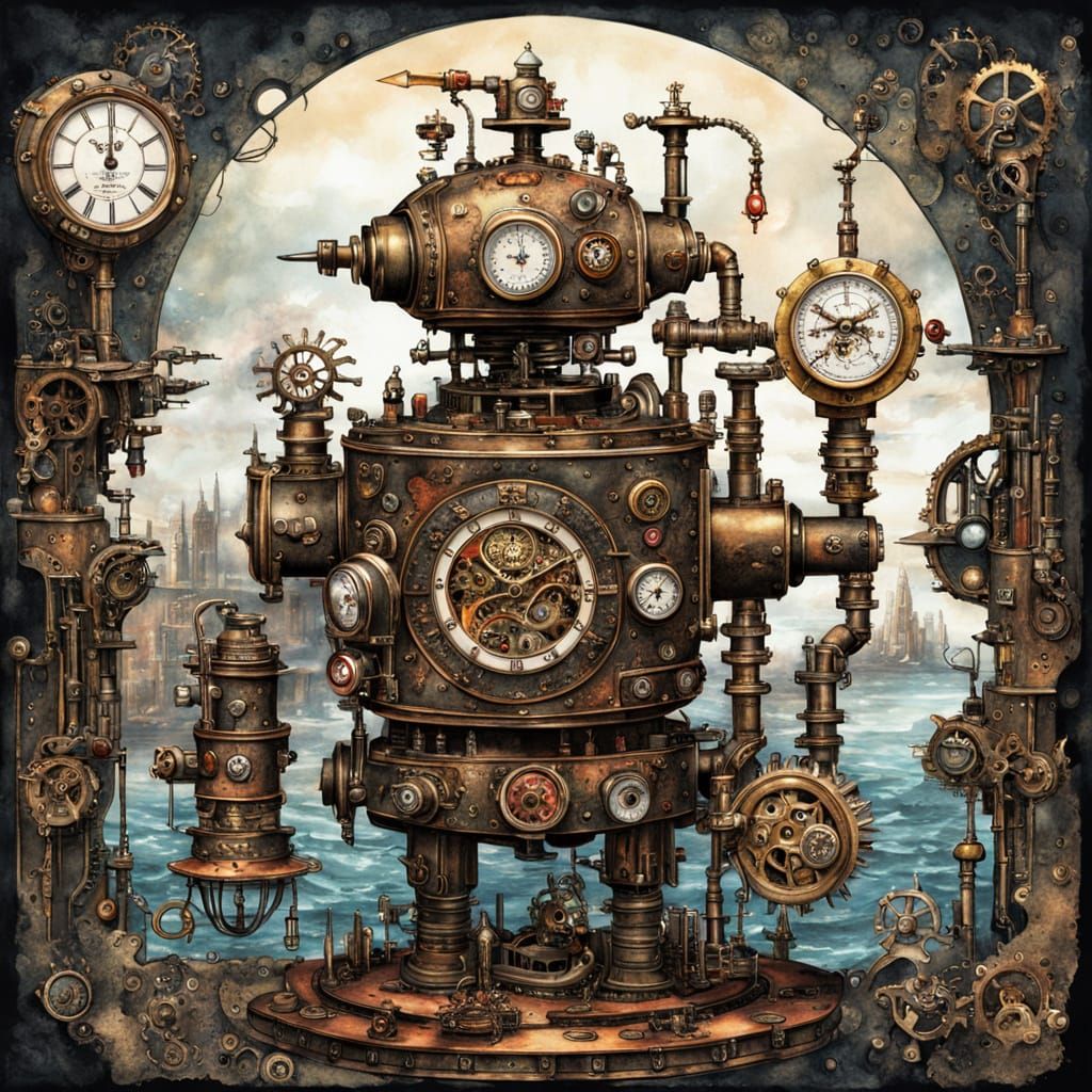 Steampunk Automaton in Sunken City - Dark Fantasy Art