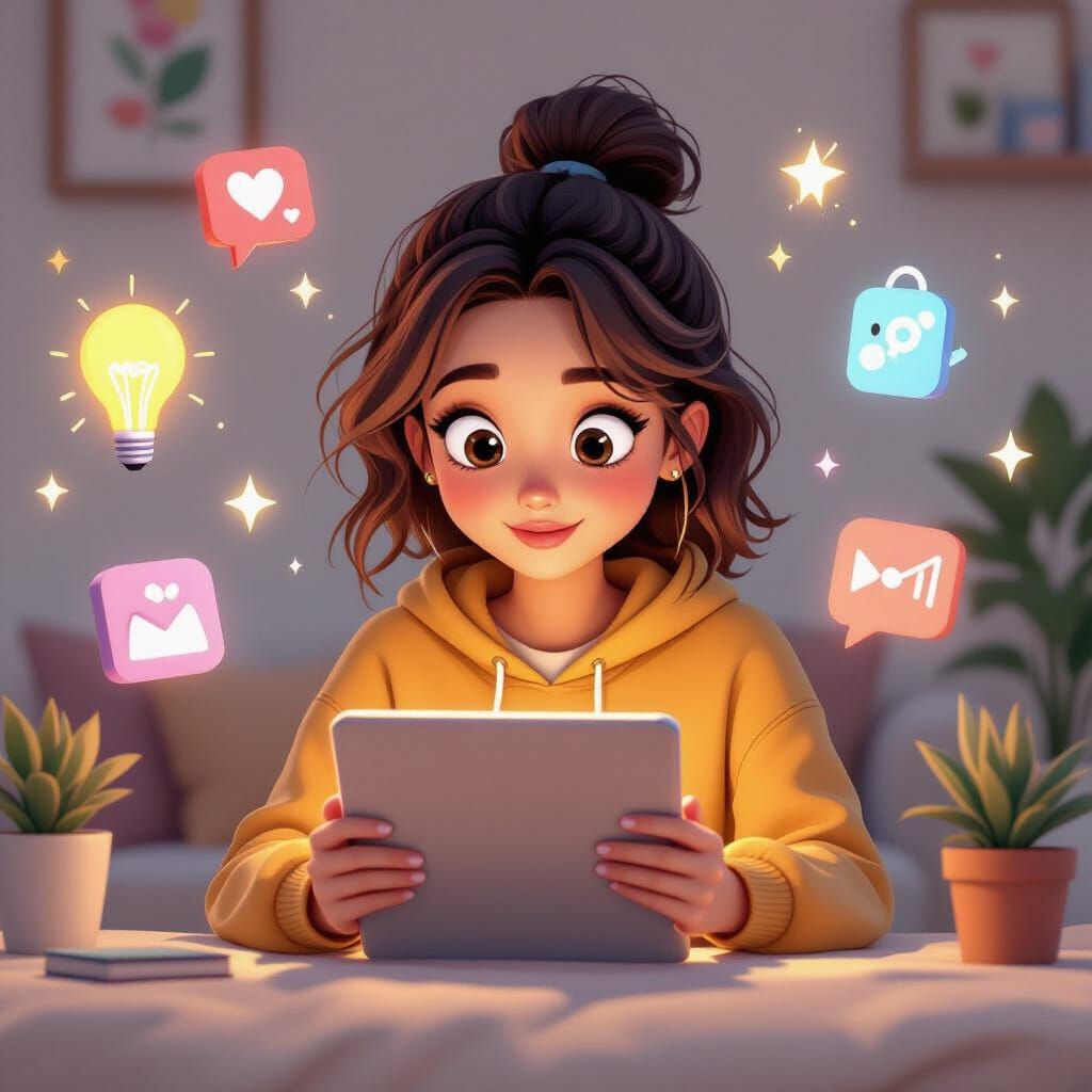 Curious 3D Character with Glowing Tablet