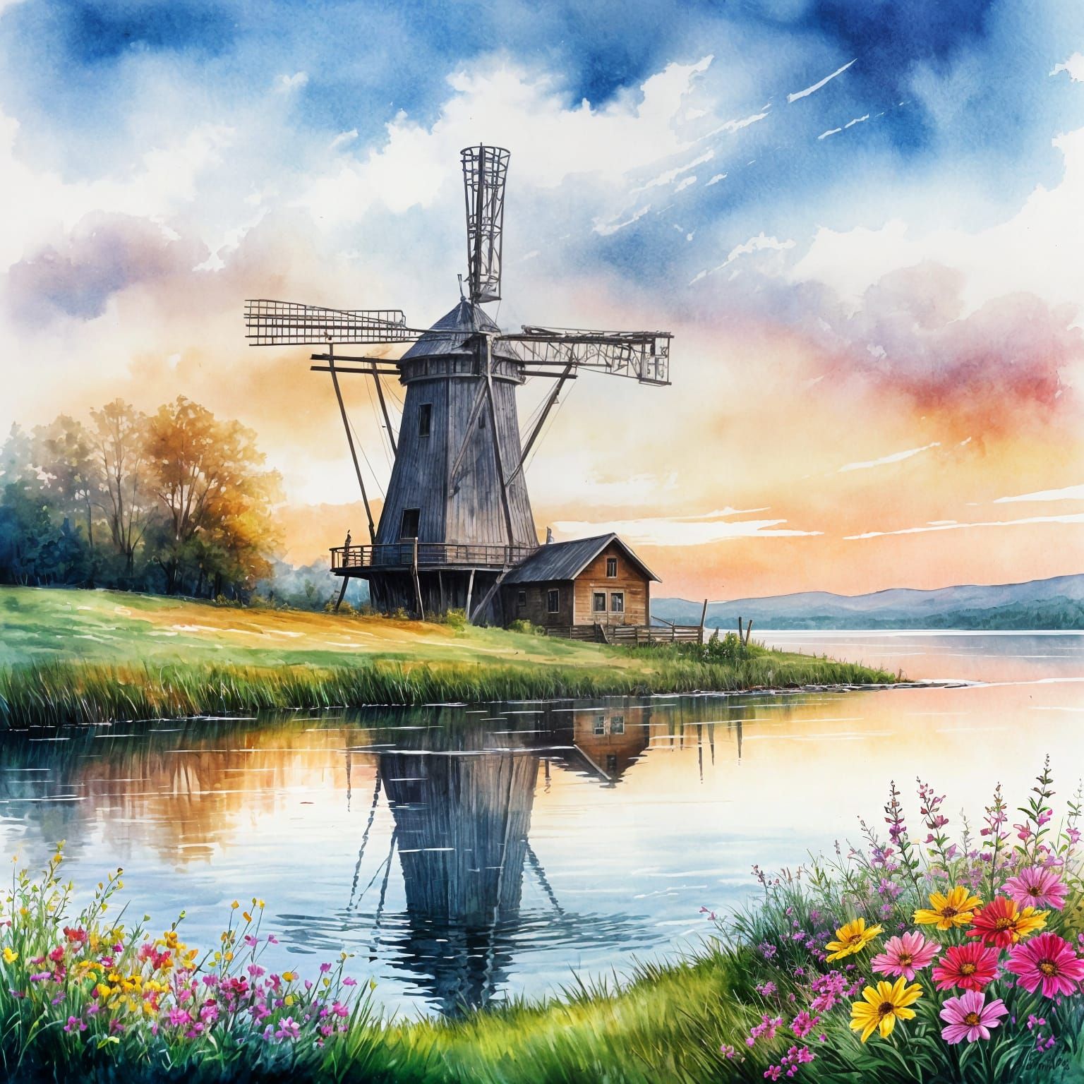 Watercolor Painting of Rustic Windmill in Meadow at Golden H...