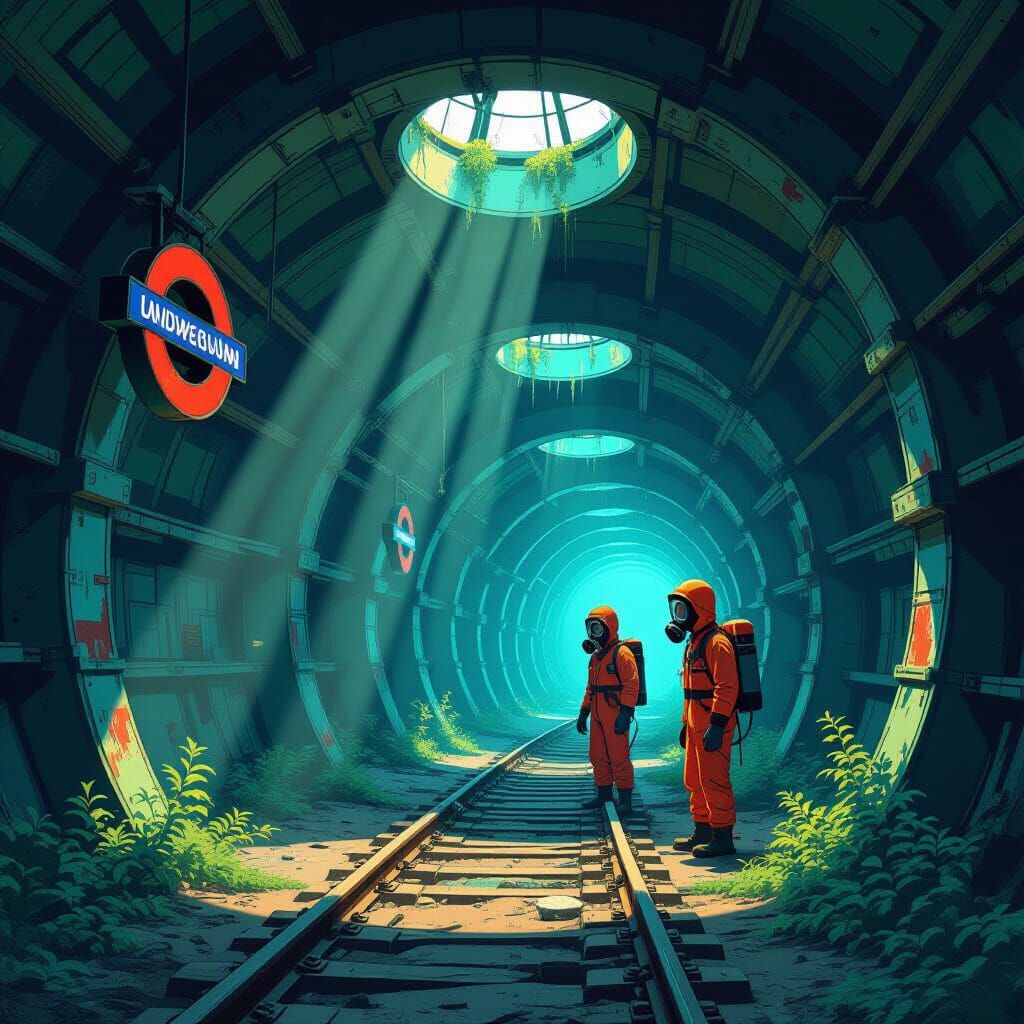 Eerie London Underground Station in 1970s Cartoon Style