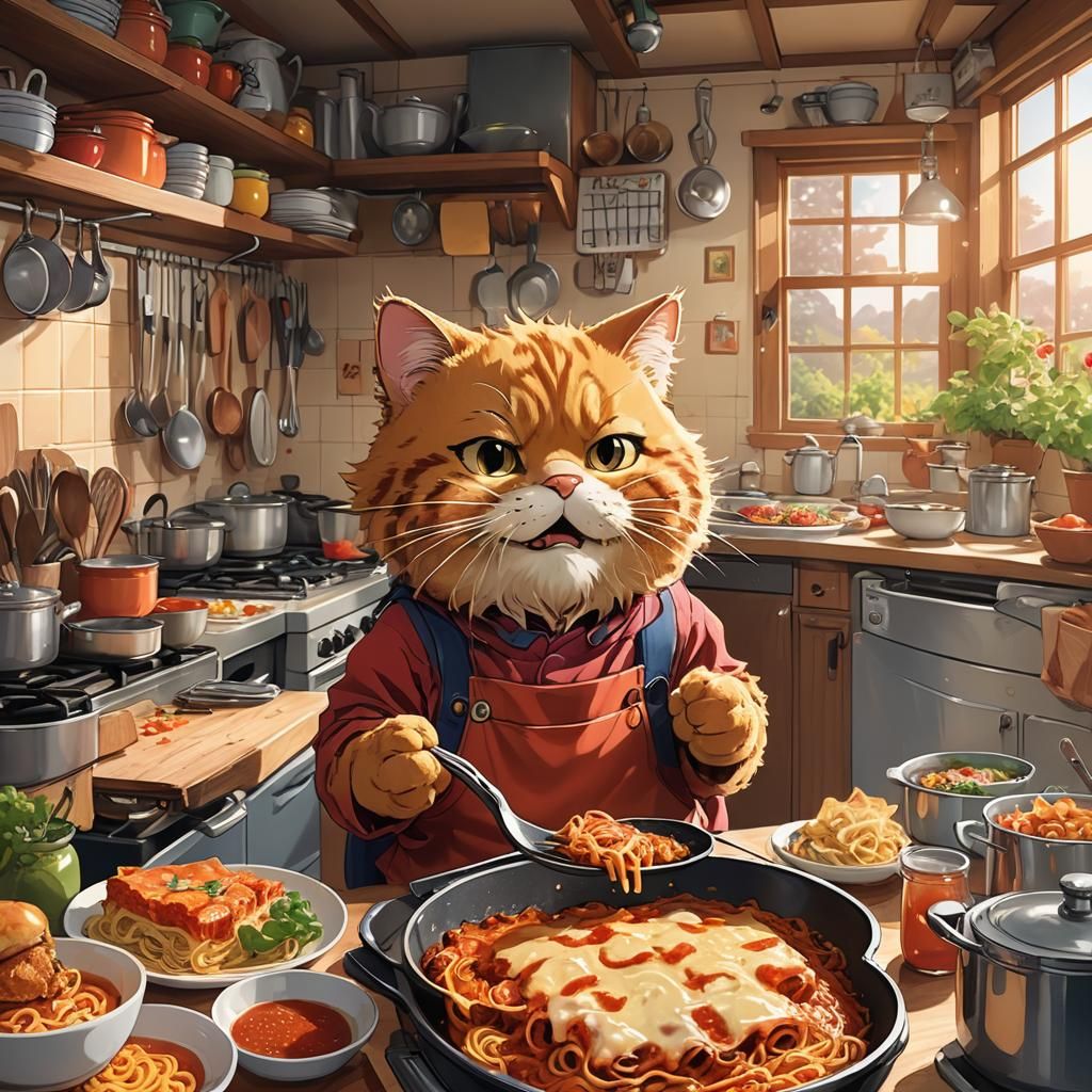 Garfield's Lasagna Feast: Vibrant Anime Style