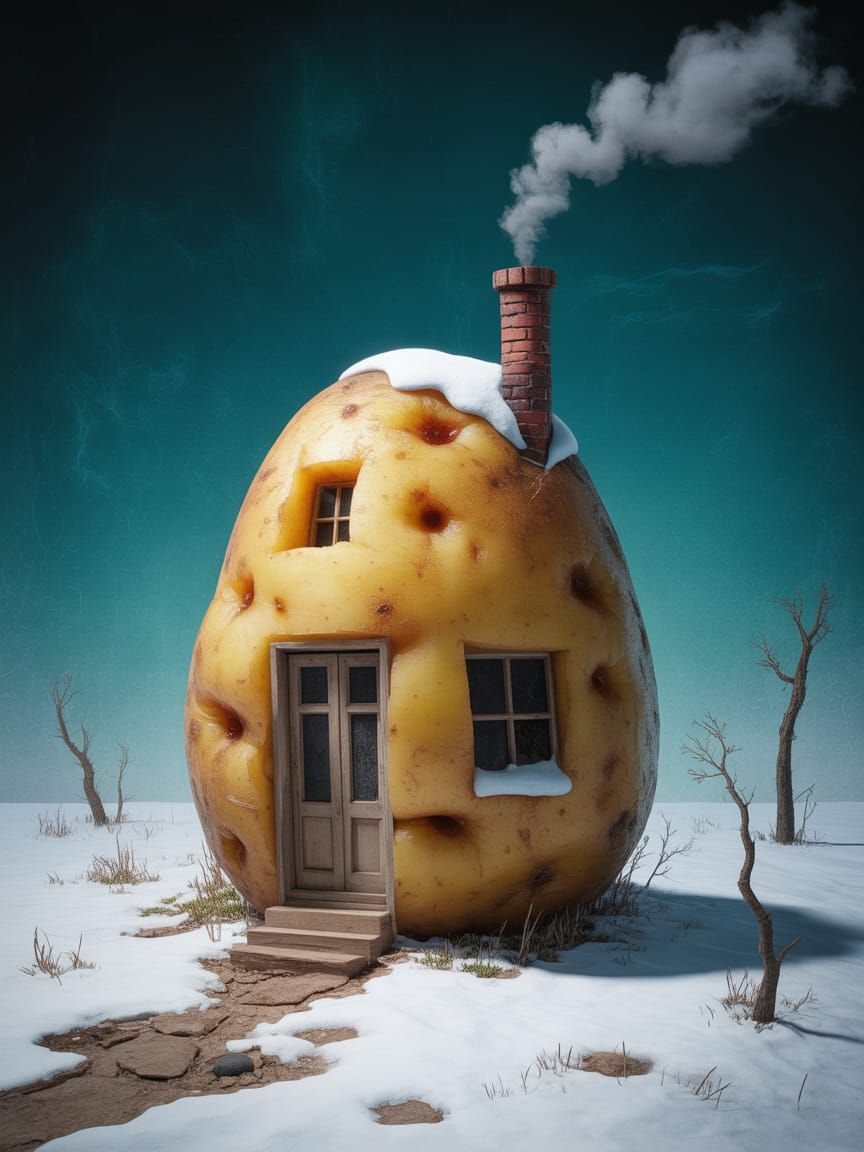 Surreal Potato House in Snowy Guinea-Bissau Landscape