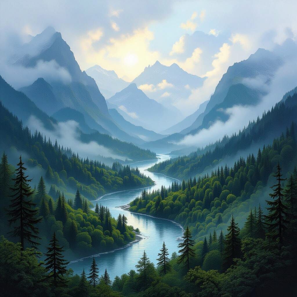 Serene Mountains and Rivers in Dramatic Landscape Style
