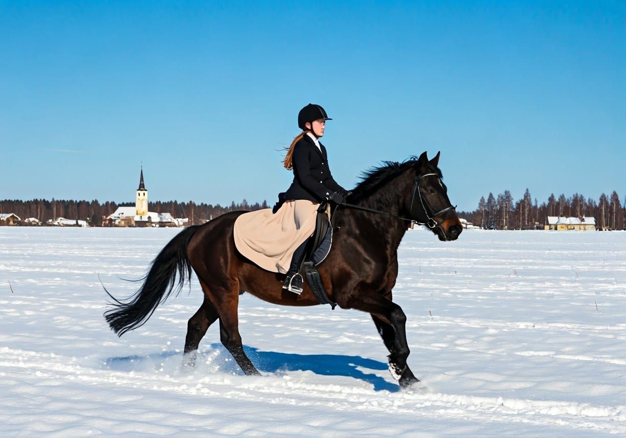 Girl Riding Horse in Snowy Winter Landscape