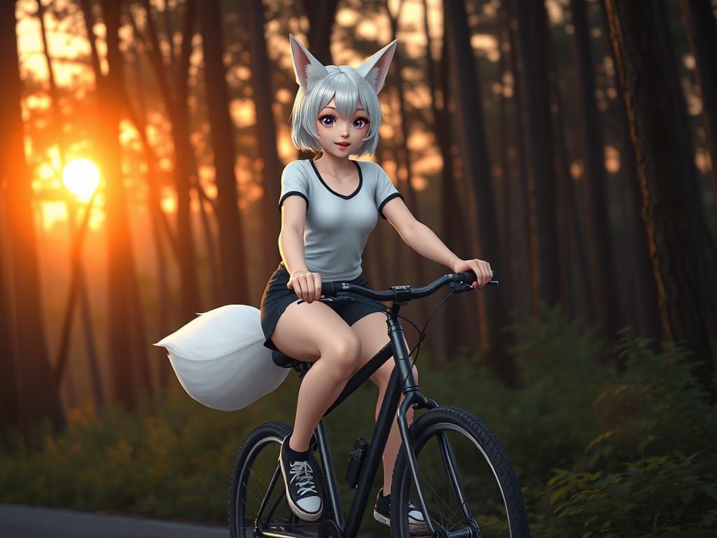 Anime Girl Rides Bike in Sunset Forest