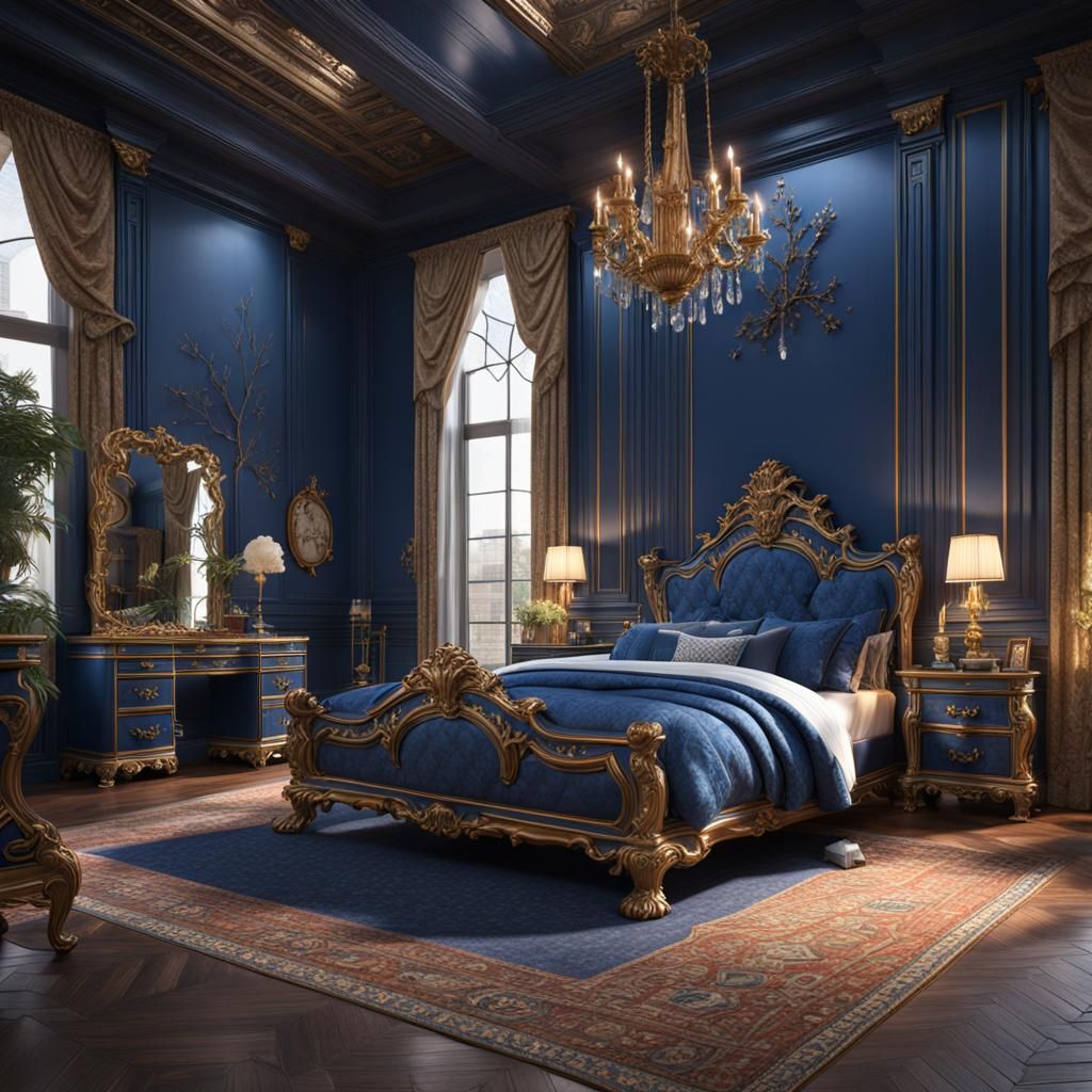 Luxurious Blue Chippendale Bedroom Furniture in Detailed Mat...