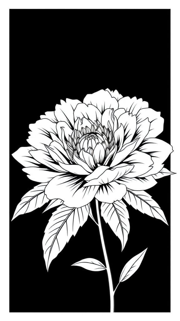 Surreal Black and White Peony Line Art in Minimalist Style
