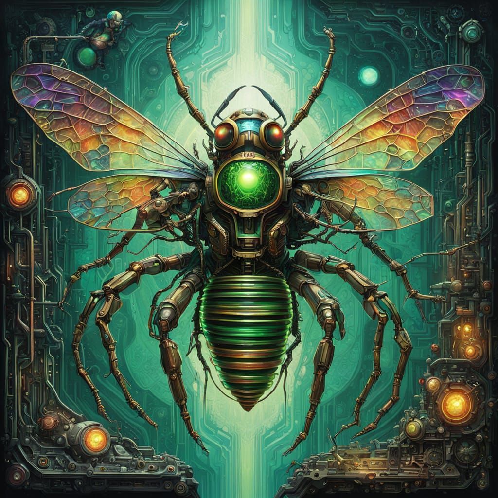 Steampunk Cyborg Repair Scene in Vibrant, Nightmarish Colors