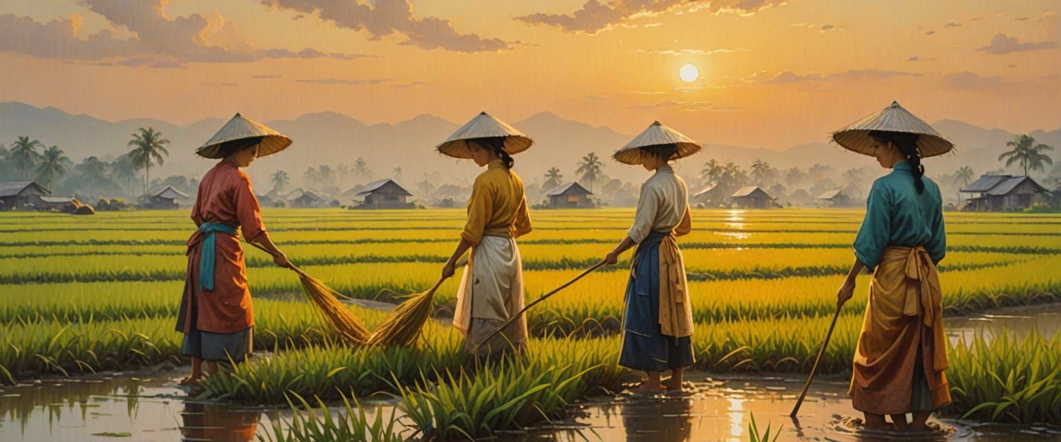 Asian Women in Rice Field: Impressionistic Oil Painting