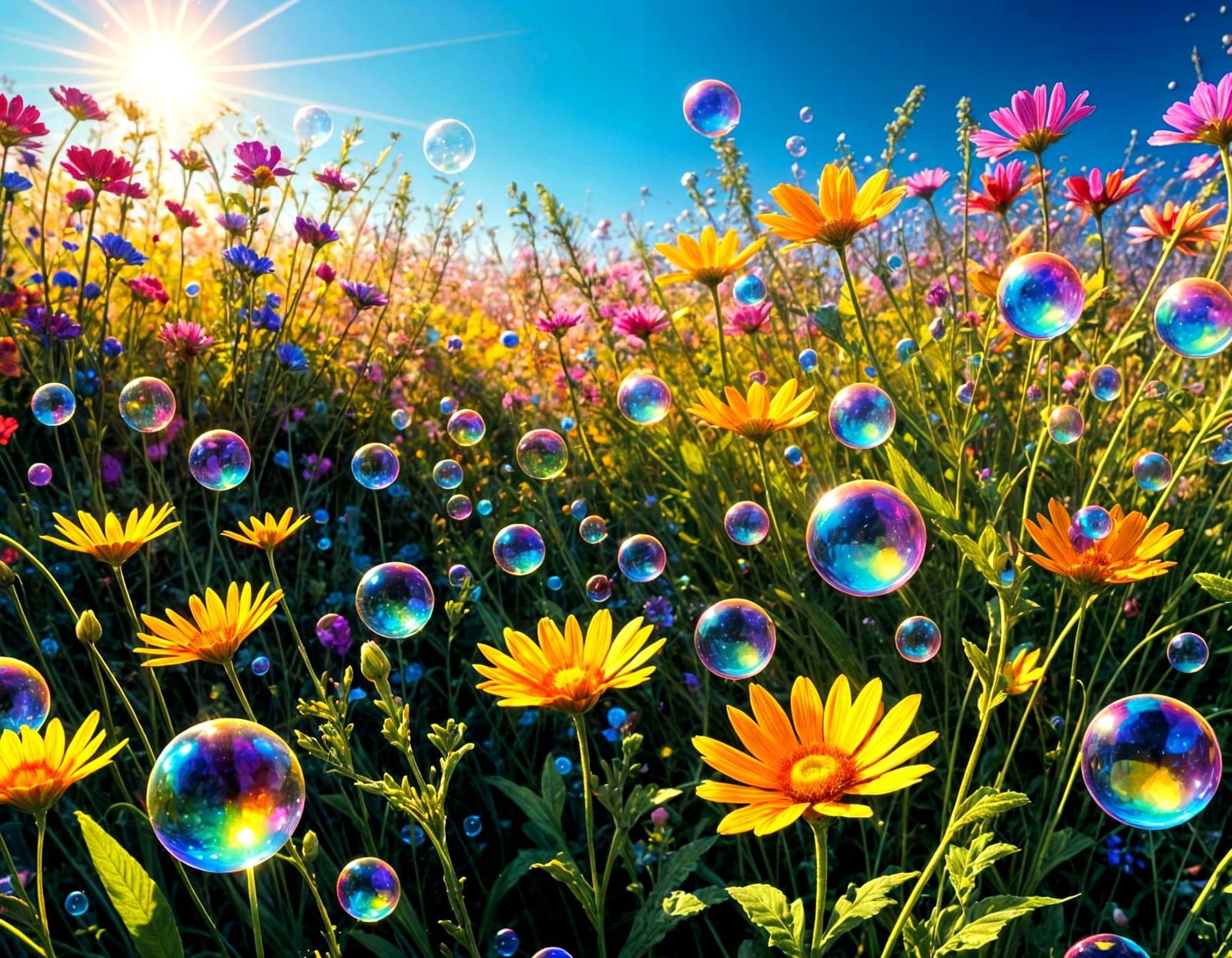 Rainbow Bubbles Among Wildflowers in Bright Sunlight