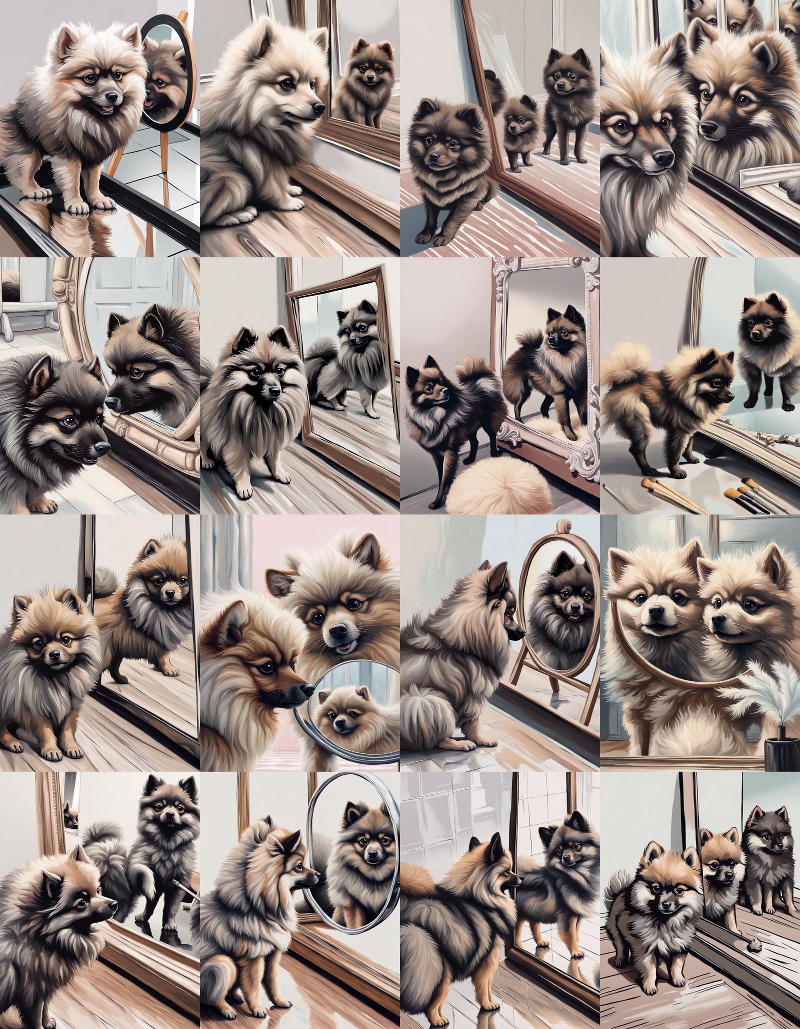 Confused Pomeranian Puppy Gazing in Mirror: Hyperrealistic P...
