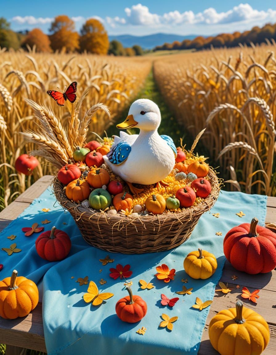 Felt Art Autumn Harvest With Golden Fields and Ripe Apples