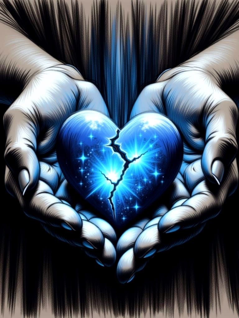 Charcoal Sketch of Hands Holding Fractured Heart Nebula