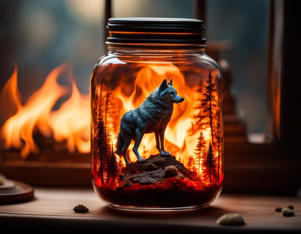Fiery Wolf in Jar: Surrealist Art