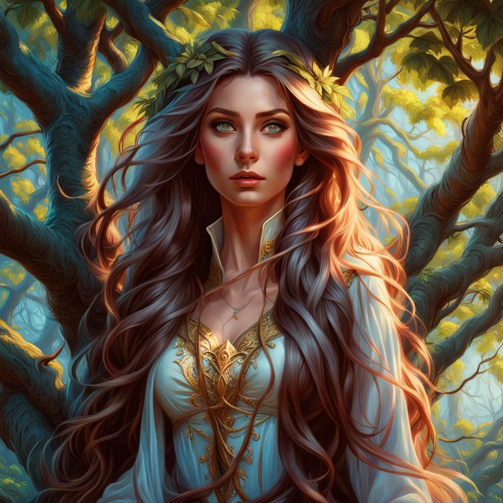 Fantasy Princess Tangled in a Tree: Oil Painting