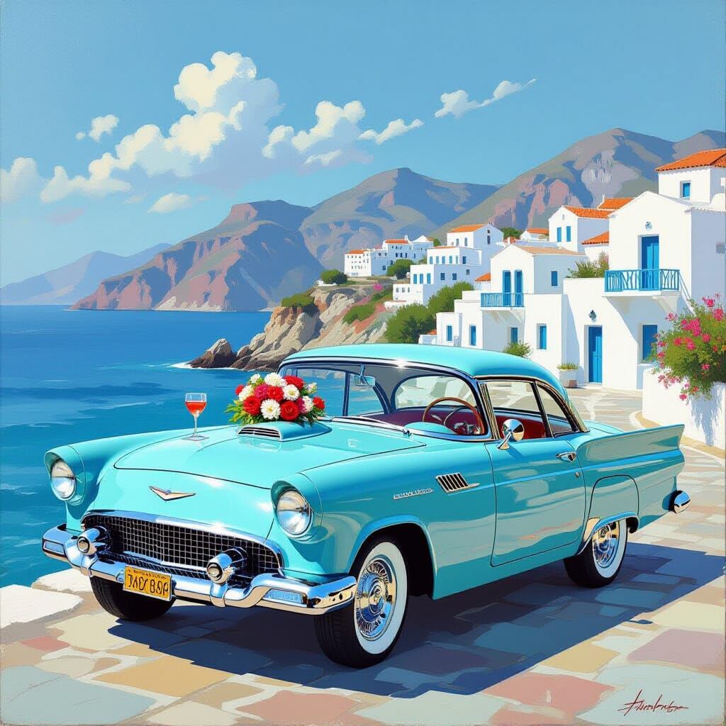 Collectible Blue Car With Flowers and Cocktails