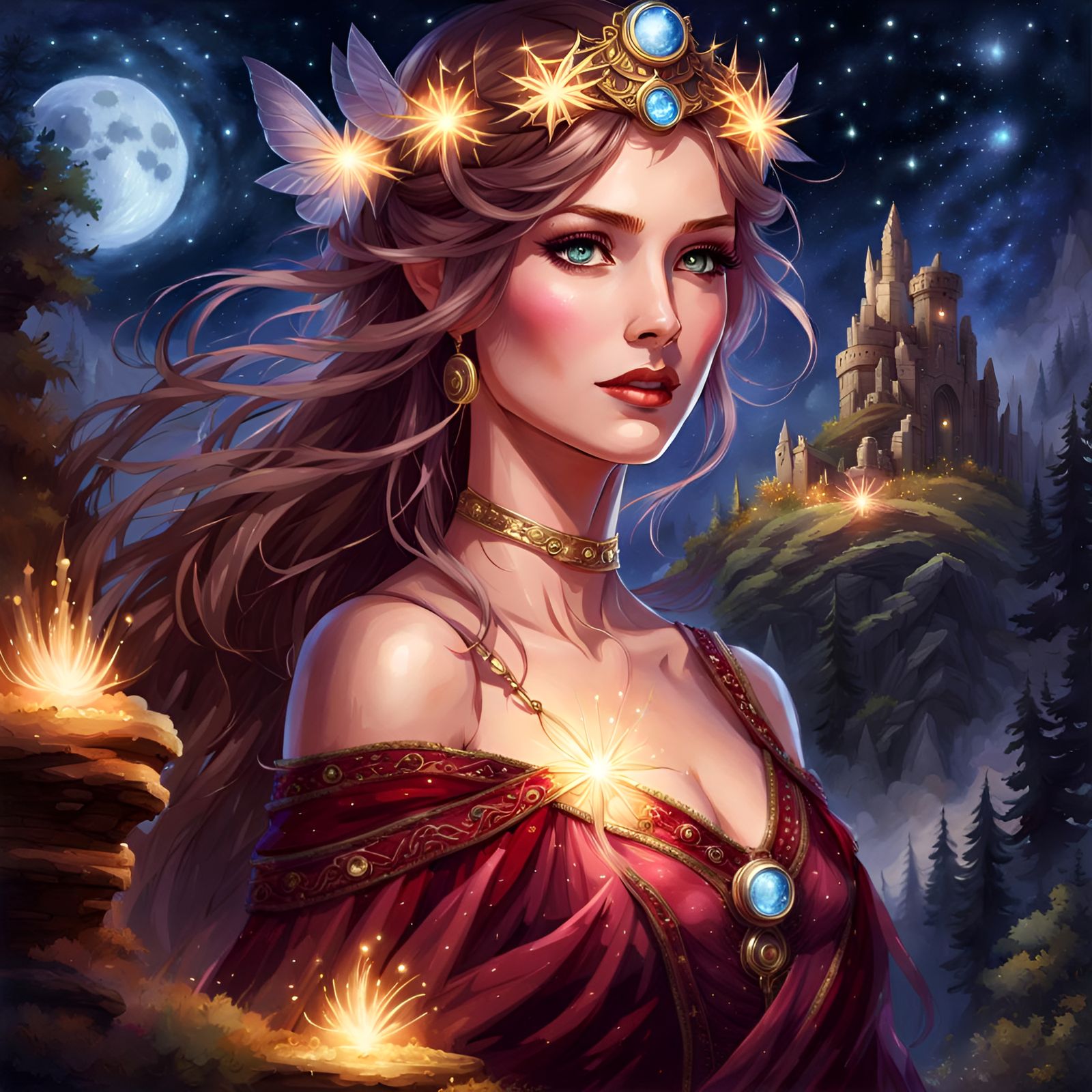Magical Enchantress Portrait with Starry Sky, Watercolor