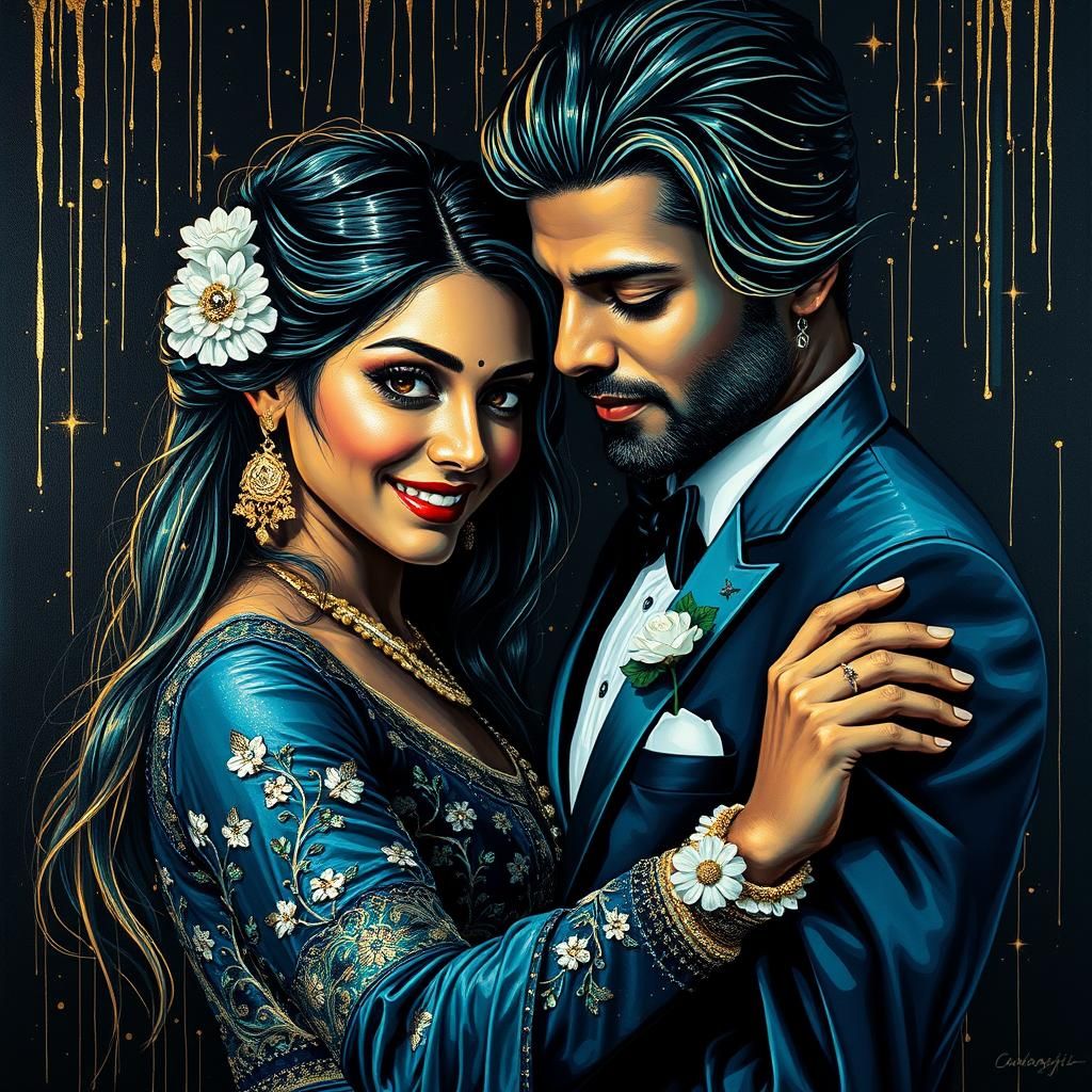 Glitchcore portrait of an Indian couple dancing