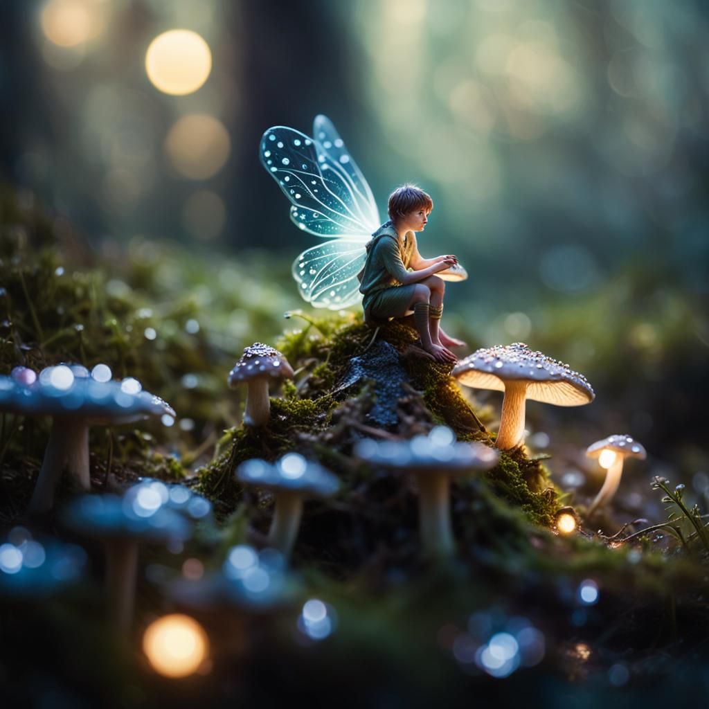 Macro photography of a tiny male fairy sitting on a mushroom...