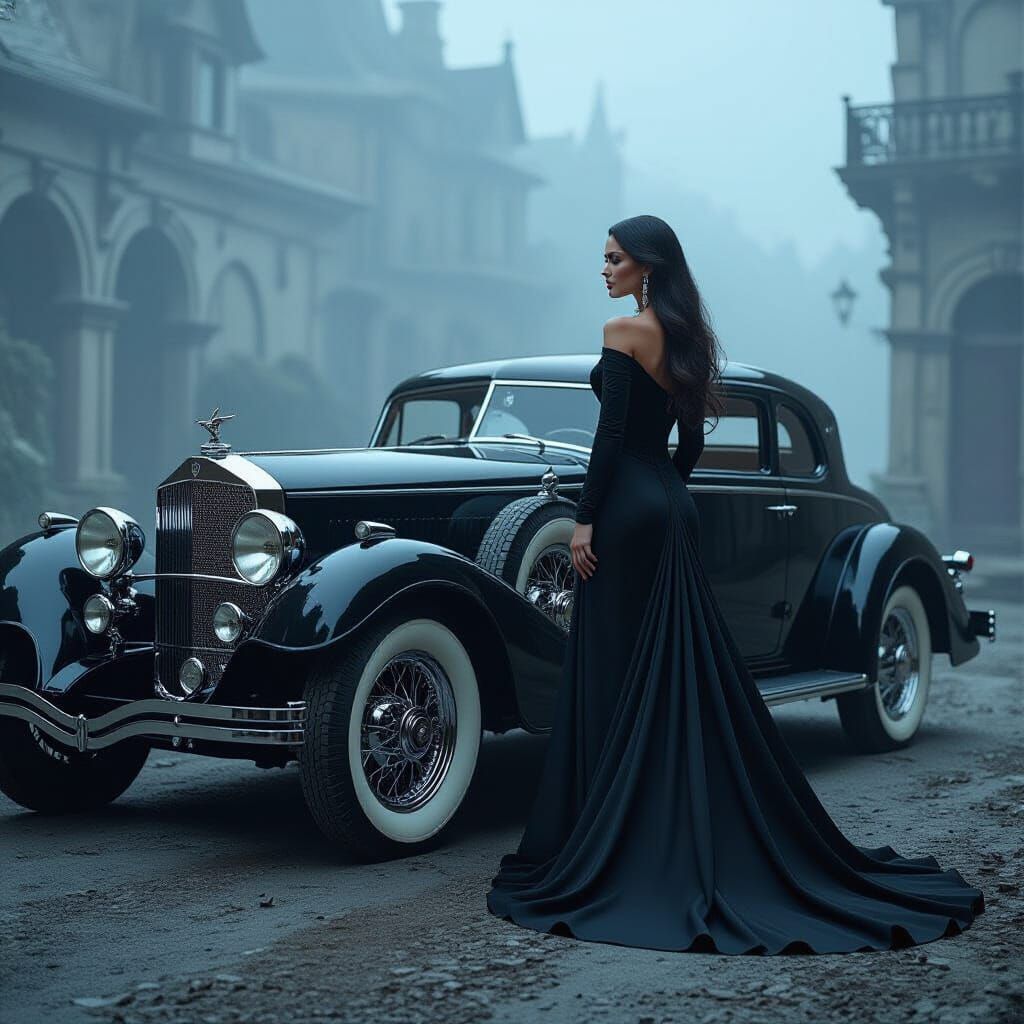 Gothic Car with Woman in Dark Atmosphere