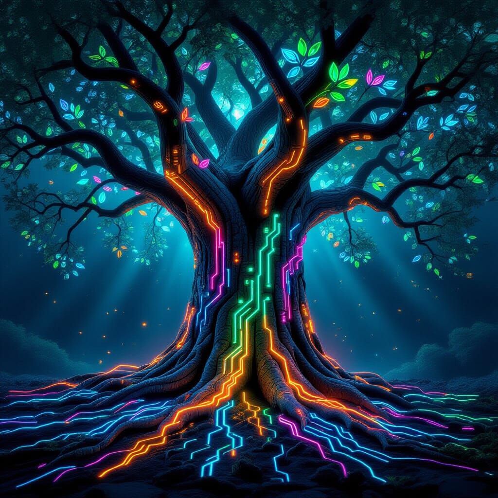 Colossal Tree with Neon Holographic Leaves and Circuit Veins