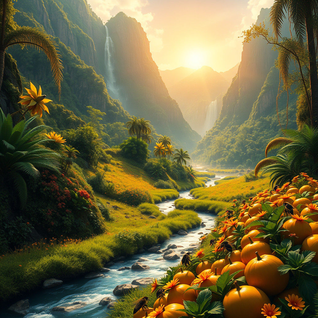 Lush Valley with Waterfalls and Tropical Foliage