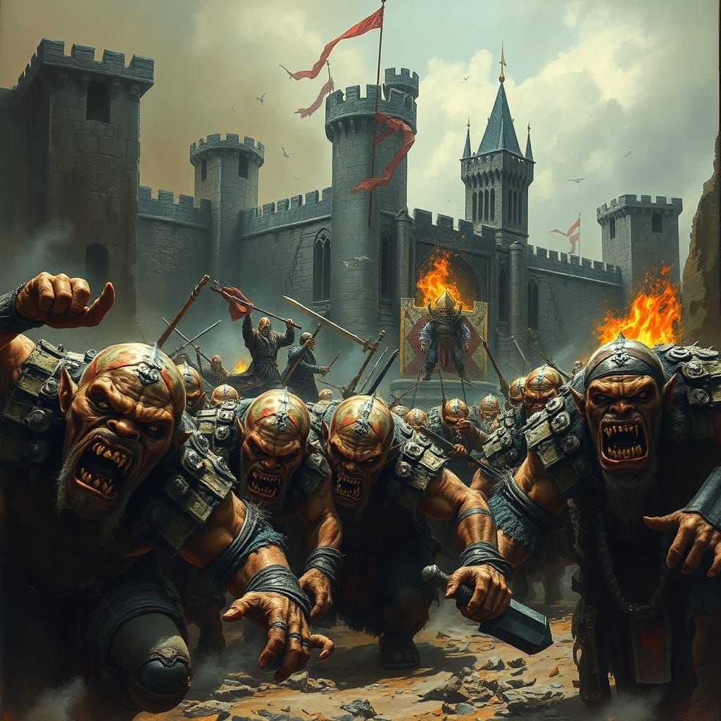 Dark Fantasy Orcs Charge Besieged Castle in a Gritty, Brutal...