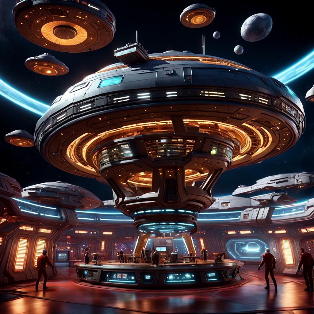 Star Trek, outside space view of an old Orion Star-Base converted by Ferengi into a vibrant busy space-casino. intricate...