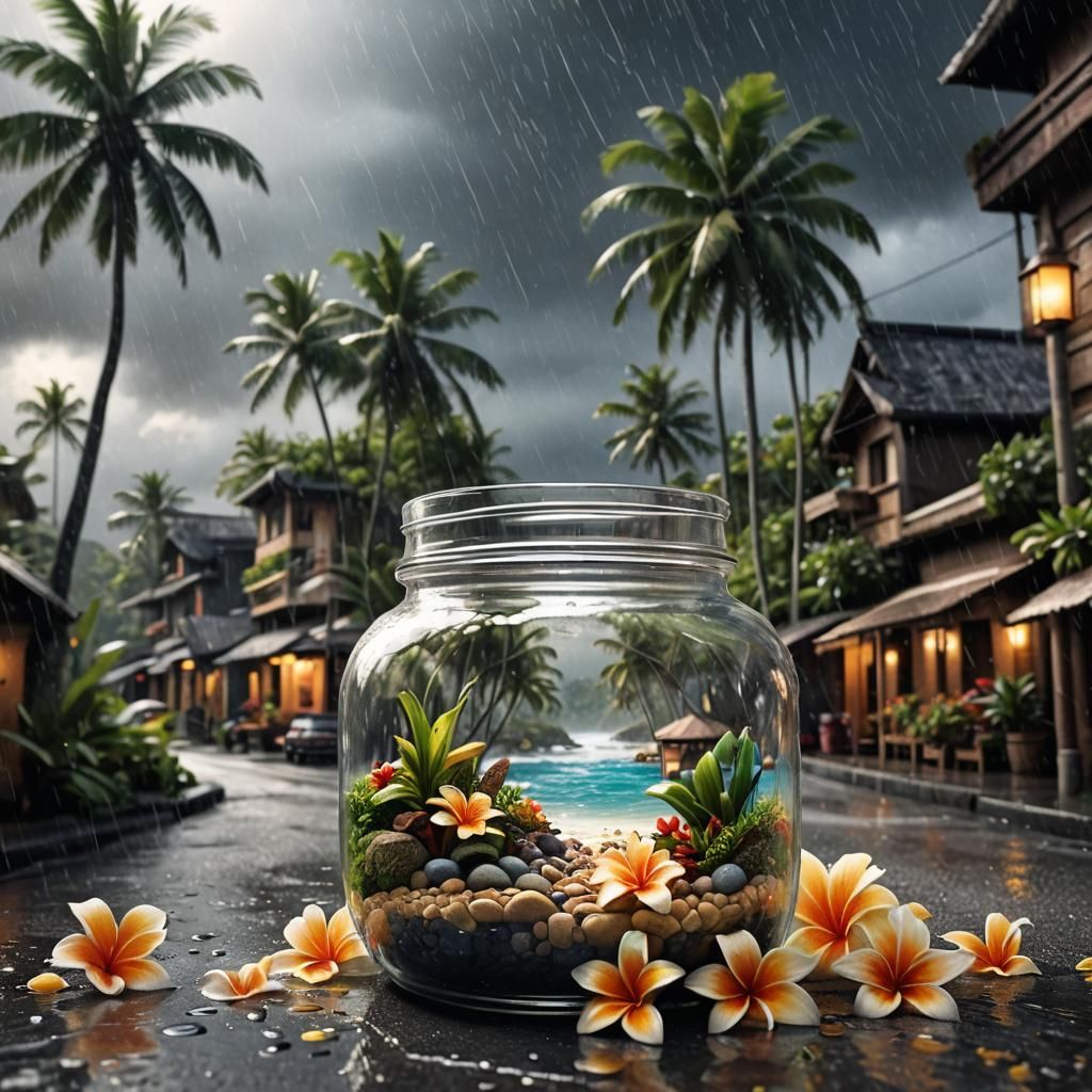 Polynesian Beach in a Jar on Rainy Street