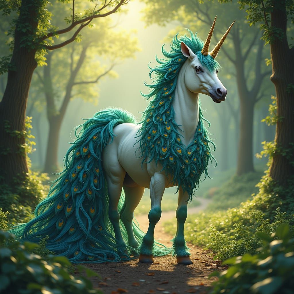 Unicorn-Peacock Hybrid in Realistic Forest Setting