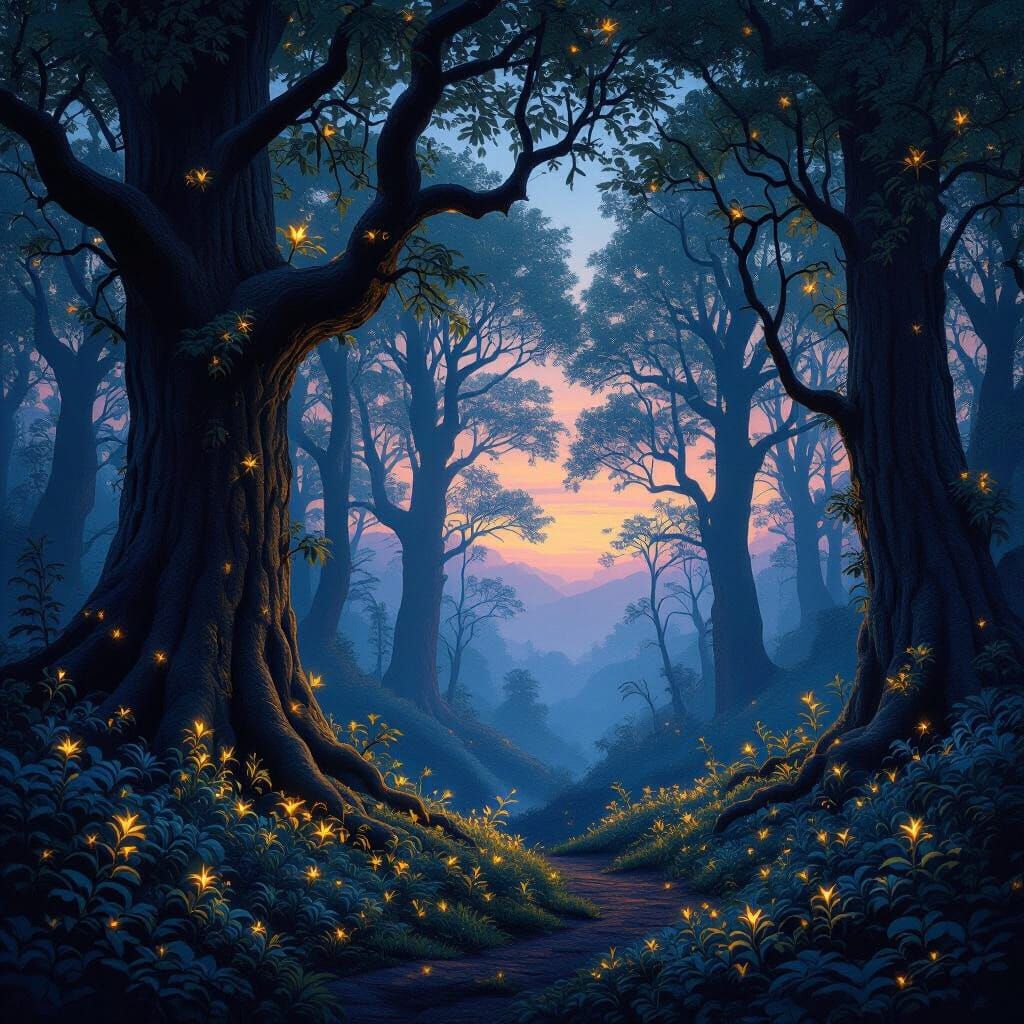 Bioluminescent Forest at Twilight in a Romantic Landscape St...