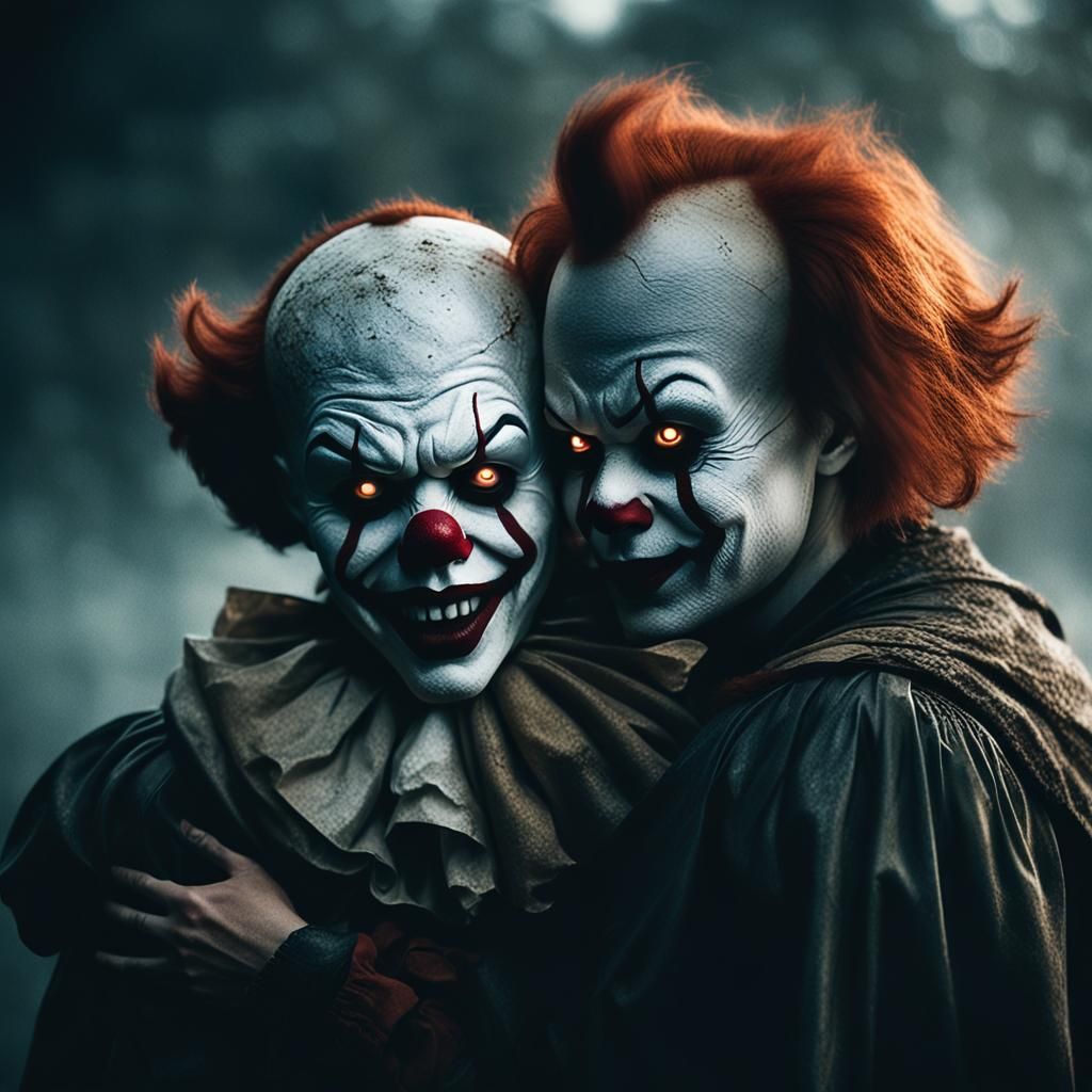 Ghostface Embracing Pennywise in Dark, Misty Scene
