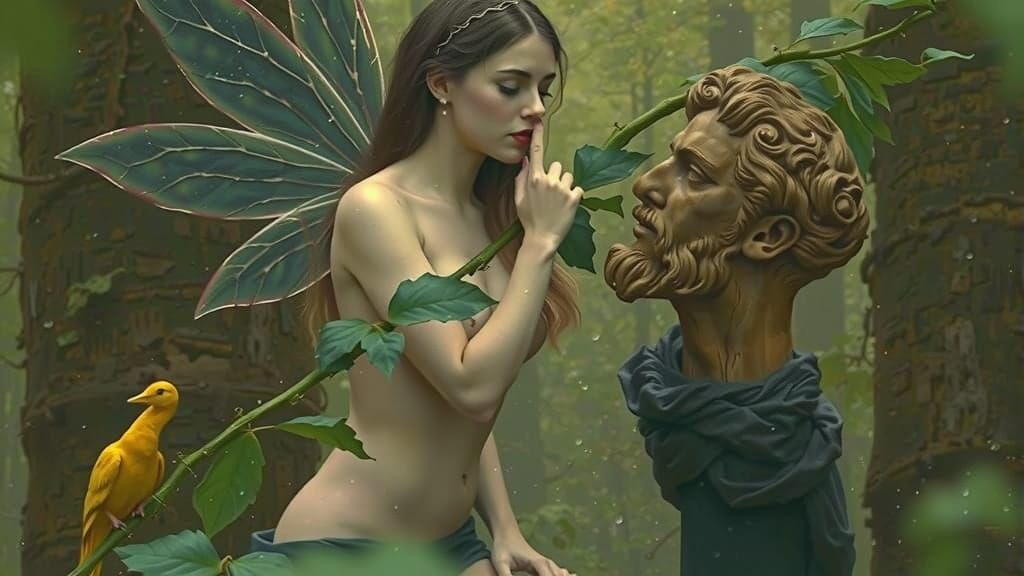 Pre-Raphaelite Fairy Woman Beside Wooden Adonis Statue