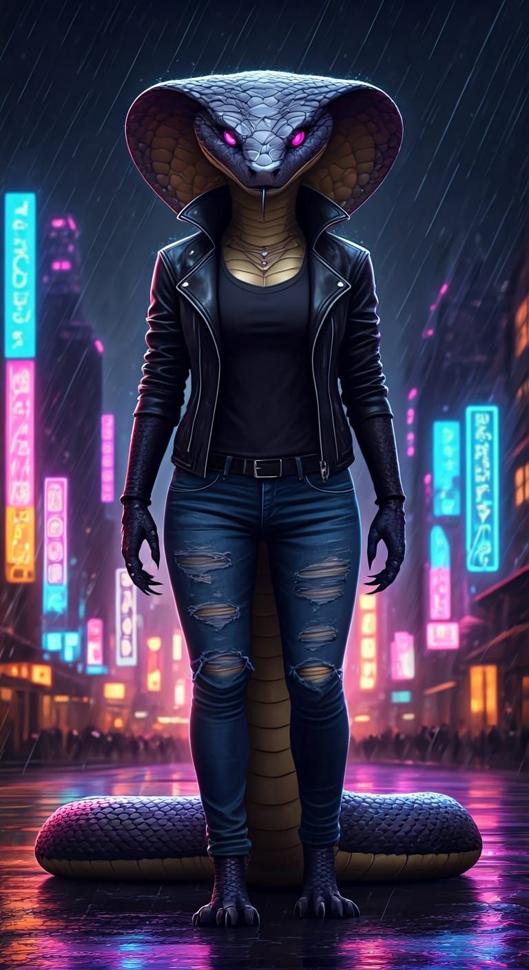 Confident Cobra in Neon City, Anime Style