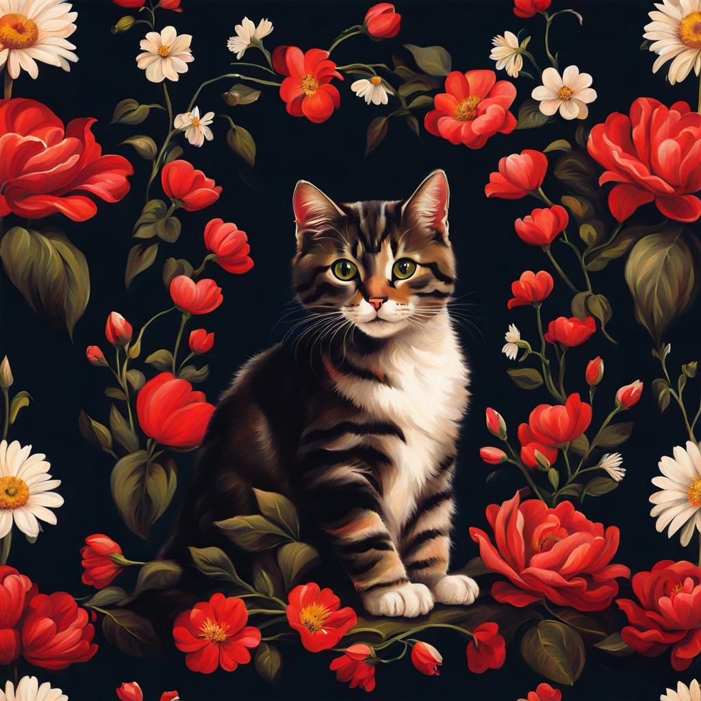 Cat with Flowers in Baroque Style
