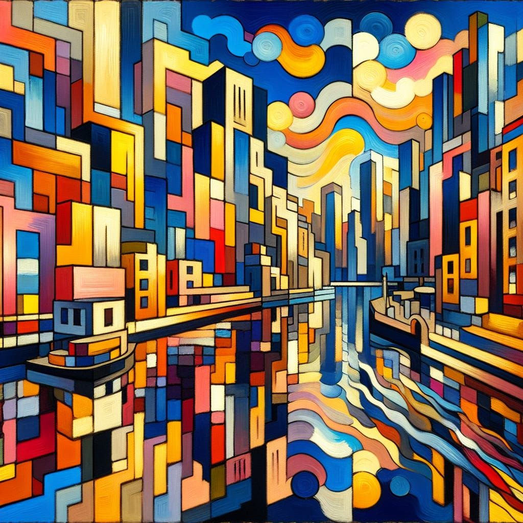 Vivid Cityscape in De Stijl Style as Impasto Painting