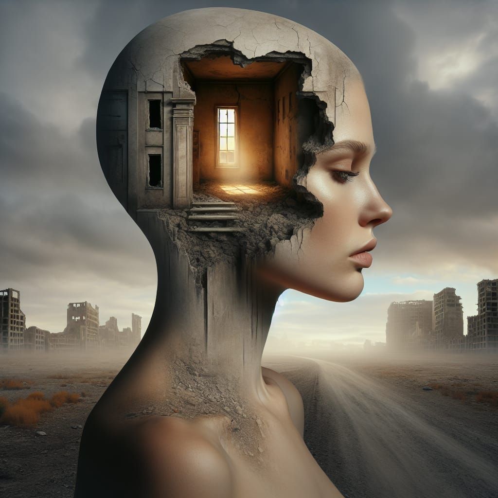 Surreal Scene of Abandoned Figure in Dystopian Ruins