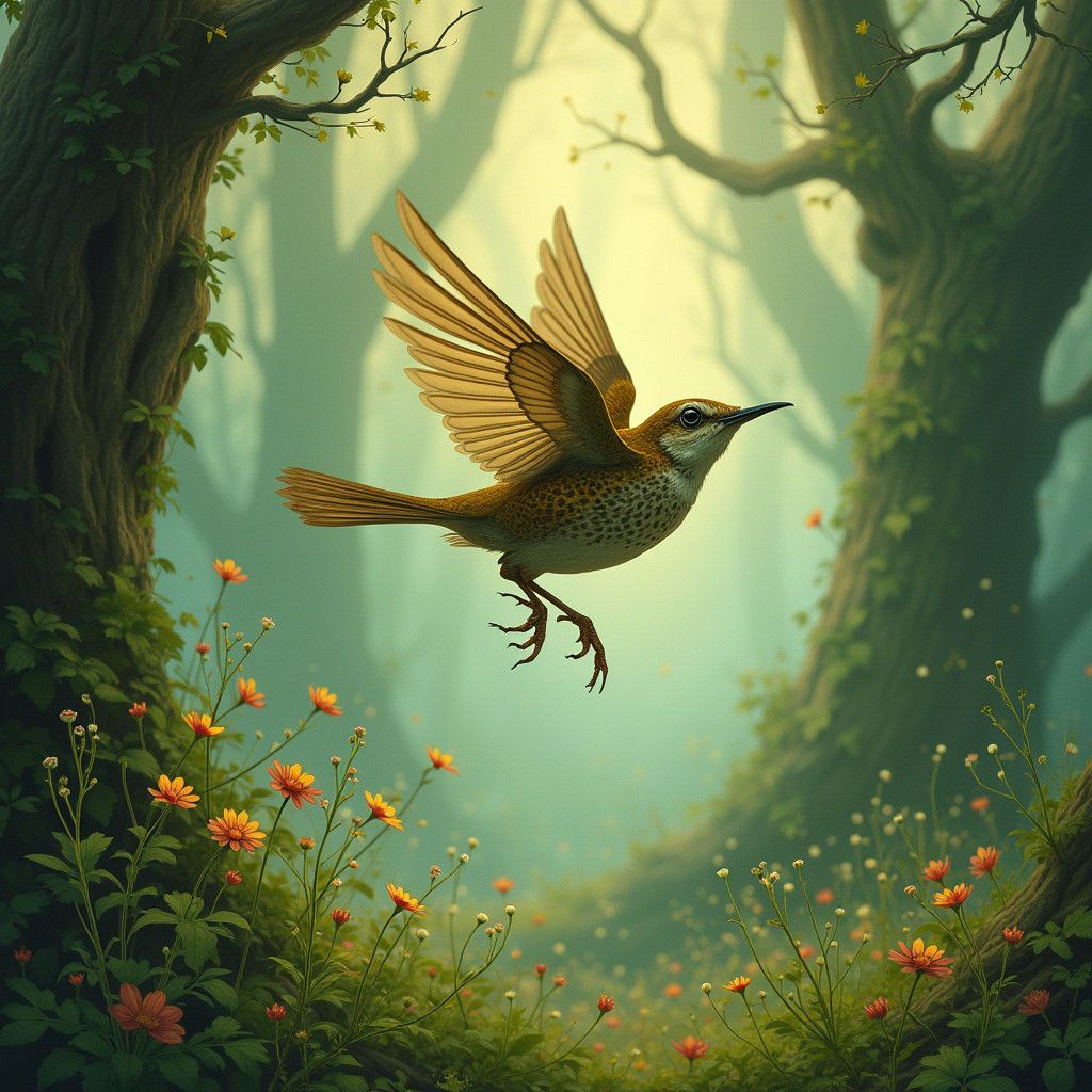 Celtic Wren in Flight, Art Nouveau Style