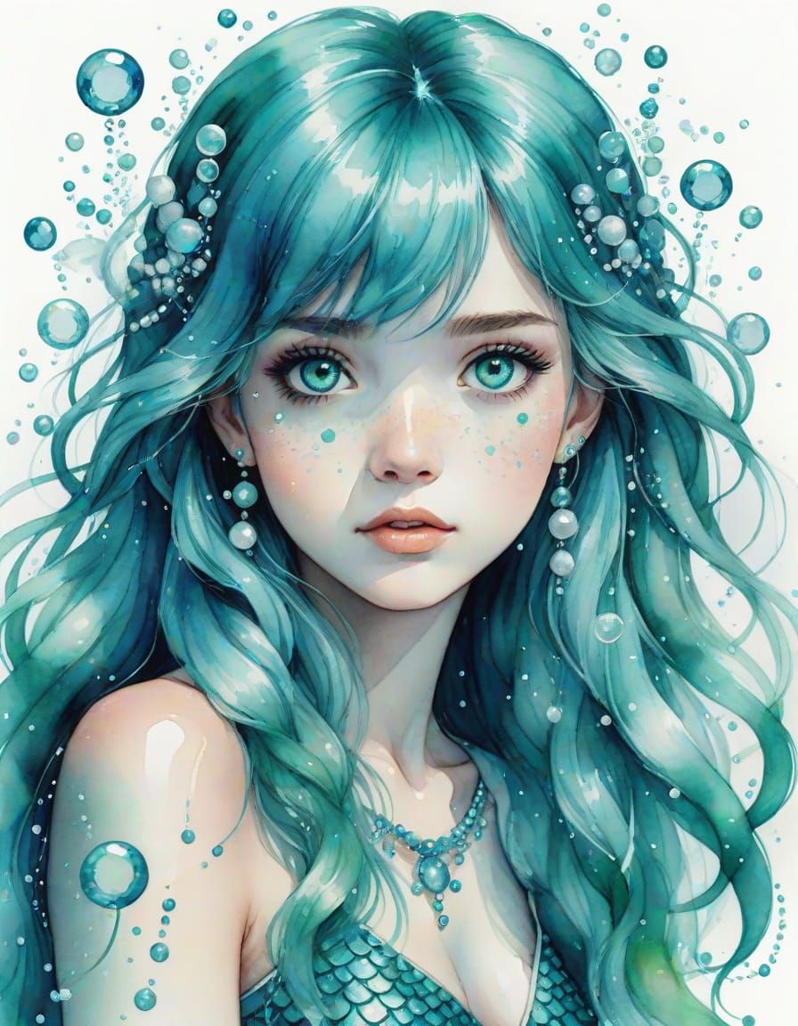 Anime Mermaid Portrait with Aquamarine Gems